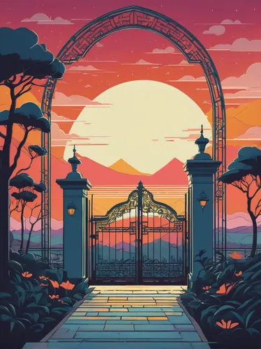 A peaceful dawn breaks over the serene gate,gateway,gates,frame border illustration,temples,free land-rose,backgrounds,would a background,rose drive,frame illustration,gate,heaven gate,coast sunset,pa