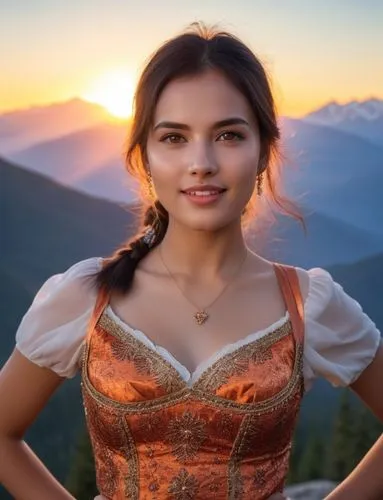 the sky is ablaze with oranges and pinks as a delicate caucasian girl with long, flowing black hair, warm brown eyes, and piercing orange eyes stands tall in the heart of an ancient mountain range. Th