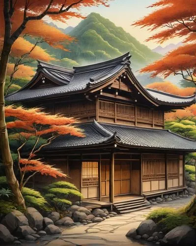 japan landscape,ryokan,japanese art,teahouse,japanese-style room,ryokans,japanese shrine,teahouses,japanese background,kyoto,dojo,mountain scene,golden pavilion,traditional house,asian architecture,japon,japanese mountains,magome,house in mountains,landscape background,Illustration,Realistic Fantasy,Realistic Fantasy 23