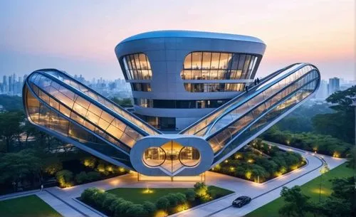 an aerial view of the building features many windows and large spiral staircases,futuristic architecture,singapore,singapore landmark,safdie,futuristic art museum,modern architecture,Photography,Docum