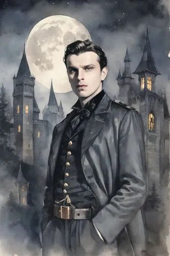 an artist's drawing of a man standing in front of a castle,codreanu,gothic portrait,carnacki,herennius,ravenloft,riddlesworth,Digital Art,Watercolor