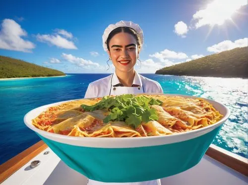 Scenic Great Barrier Reef, vibrant coral, colorful fish swimming, clear turquoise water, sunlight filtering through surface, gentle waves, snorkeler or scuba diver, Ravioli chef, white hat, blue apron