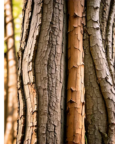 Tree trunk, rugged bark, rough wood grain, natural cracks, earthy brown color, knots, thick branches, morning dew, soft sunlight filtering through leaves, 3/4 composition, shallow depth of field, warm