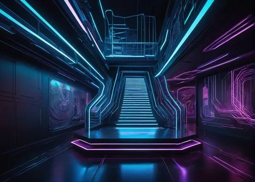 Evolutionary architecture, futuristic design, sleek lines, metallic materials, neon lights, holographic projections, spiral staircase, cantilevered floors, angular shapes, asymmetrical composition, 3D