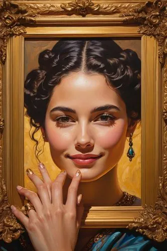 tretchikoff,golden frame,holding a frame,frida kahlo,gold frame,sotheby,kahlo,woman's face,meticulous painting,jeweller,gold stucco frame,woman face,oil painting on canvas,frida,oil painting,sothebys,portrait background,principessa,henna frame,portrait of a girl,Illustration,American Style,American Style 03