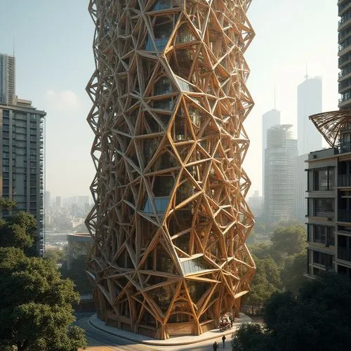 building honeycomb,honeycomb structure,the energy tower,residential tower,guangzhou,futuristic architecture,Photography,General,Realistic