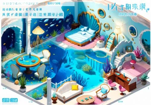 a drawing of a room that is made up with blue water and sea life,android game,cd cover,Anime,Anime,General