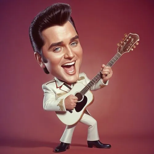 Caricature style drawing of a celebrity, big head, small body, exaggerated facial expressions. A 3D animated character resembling Elvis Presley, wearing a whiteA jumpsuit with red and gold accents, bl