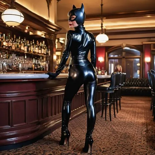 catwoman, latex outfit, mit cutouts, leicht ausgeschnittener po, verführerisch, sexy, lustvoller blick, rückansicht, blick über schulter, viktorianische hotelbar, ganzkörper,catwoman,selina,black cat,