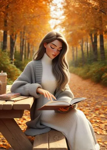 a woman reading a book on top of a bench,autumn background,autumn idyll,girl studying,little girl reading,autumn songs,autumn theme