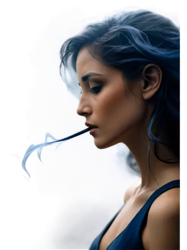 Smoke, misty atmosphere, mysterious profile, soft focus, blurred edges, wispy tendrils, dark grey-blue hue, subtle glowing embers, eerie backlight, 3/4 composition, shallow depth of field, dreamy tone