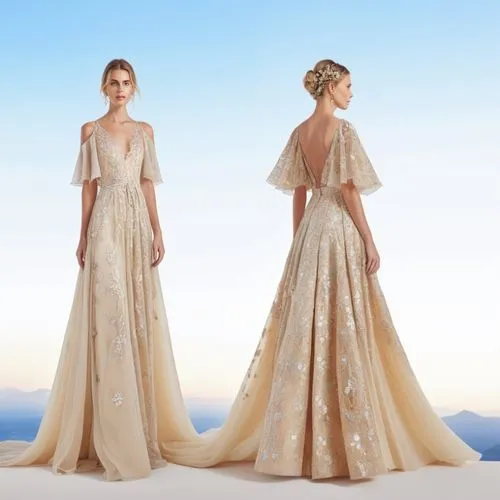 two women standing next to each other on a desert,ballgowns,wedding dresses,wedding dress train,tahiliani,siriano,gowns,Photography,General,Realistic