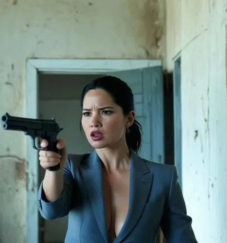 Olivia Munn in a suit

Olivia Munn is aiming a shotgun at a Mafia boss.

The group of thugs surround the fight and point their guns at the subject. Location is an abandoned warehouse.

  





,woman 