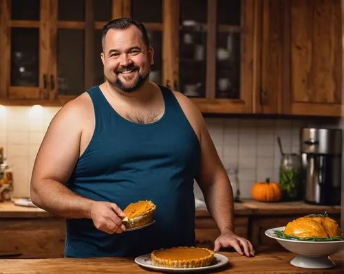 A happy, chubby man, (35yo), big fat belly, white tank top, blue jeans, socks, sneakers, standing, kitchen, wooden table, delicious food, turkey, mashed potatoes, green beans, pumpkin pie, thanksgivin