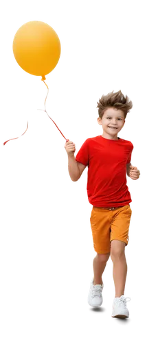 Vibrant colorful, 6-year-old, cheerful boy, bright blue eyes, spiky hair, freckles on nose, yellow t-shirt, orange shorts, white sneakers, holding a red balloon, running, joyful expression, shallow de