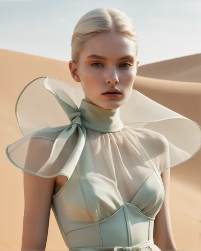 Fashion design close up, a model have porcelain liked white skin, wears tailored dress in neutral or desert-inspired tones like camel, cream, and sage green. sheer tulle fabric, outlandish silhouettes