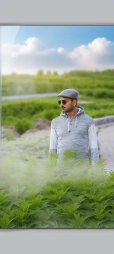 a man with sunglasses stands amongst grass and bushes,greenscreen,rannvijay,landscape background,golf course background,ramcharan,green screen,Photography,General,Realistic