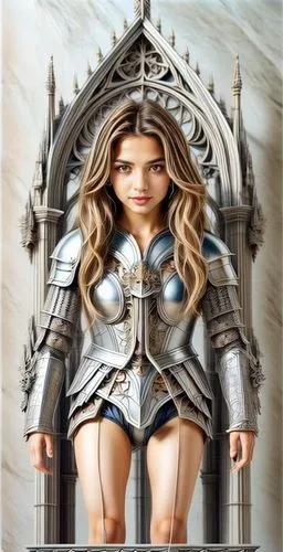 queen cage,castleguard,joan of arc,3d figure,3d fantasy,fantasy woman,celtic queen,heroic fantasy,pewter,barbie,girl in a historic way,fractalius,silver,fantasy art,armour,fantasy picture,goddess of justice,female warrior,chain mail,rapunzel