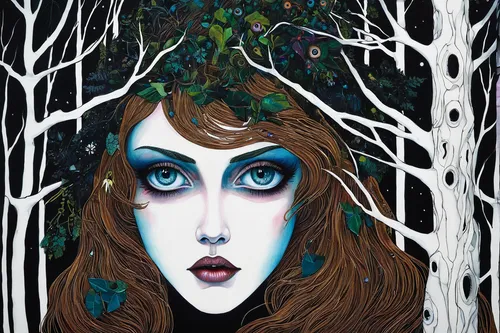 dryad,girl with tree,birch tree illustration,the enchantress,enchanted forest,treeing feist,birch trees,birch tree,tree thoughtless,birch forest,birch,treetop,mystical portrait of a girl,the snow queen,forest of dreams,faerie,poison ivy,haunted forest,the branches,gothic portrait,Illustration,Abstract Fantasy,Abstract Fantasy 04