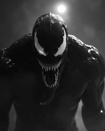 pen and ink illustration, dramatic lighting, 

high contrast, 

Black and white, 
 
 full body shot of Venom hiding in the shadows attention perfect eyes perfect nose perfect ears danger, 
new york, 
