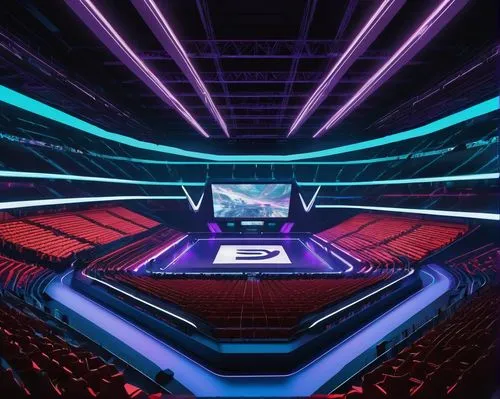 Modern e-sports arena, futuristic design, sleek lines, metallic materials, LED lights, giant screens, stadium seating, energetic atmosphere, neon glow, urban cityscape, night scene, dramatic lighting,