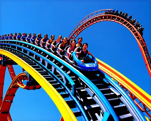 Thrilling roller coaster, steep drop, sharp turns, vibrant colors, shiny metallic tracks, safety harnesses, excited riders, screaming faces, open mouths, wind-blown hair, sun-kissed skin, dynamic moti