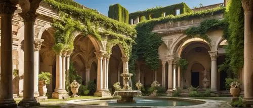 alcazar of seville,alhambra,cloister,abbaye de belloc,villa d'este,water palace,garden of the fountain,cloisters,giarratano,dorne,monastero,courtyard,palermo,villa balbianello,monastery garden,inside courtyard,roman bath,giardino,theed,cortile,Illustration,Paper based,Paper Based 09