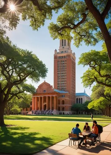 University of Texas at Austin, Beaux-Arts architecture, grand entrance, iconic UT Tower, red brick walls, white limestone accents, intricate stone carvings, sprawling green lawn, walking paths, mature