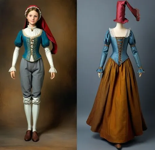 Paper doll one solo medieval noble women in white blouse ,grey tight legging with brown boot on the left standing with a headless faceless fashion mannequin clothing item set of elegant medieval noble