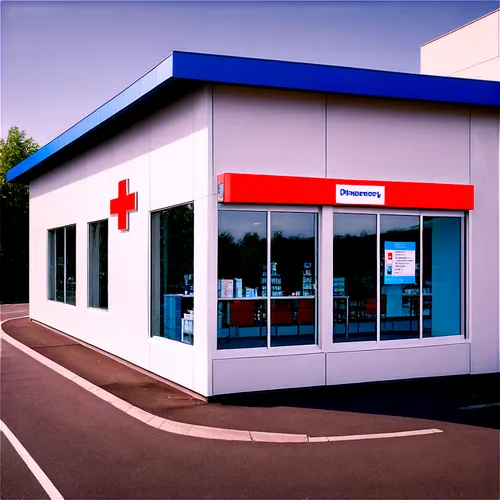 Pharmacy building, modern architecture, glass facade, steel frame, white walls, blue roof, signboard with red cross, sliding doors, morning light, soft focus, 3/4 composition, shallow depth of field, 