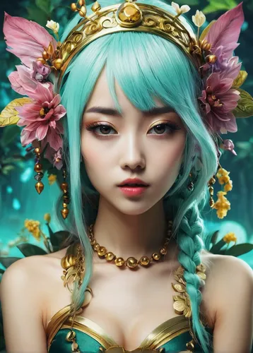 fantasy portrait,oriental princess,fantasy art,faerie,fairy tale character,3d fantasy,faery,flower fairy,fantasy girl,fairy peacock,fairy queen,teal blue asia,mermaid background,oriental girl,navi,asian costume,cleopatra,fantasy picture,mint blossom,fae,Photography,Artistic Photography,Artistic Photography 12