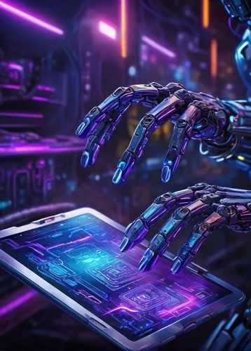 Digital illustration, futuristic background, neon lights, cyberpunk theme, glowing circuits, motherboard patterns, robot arms holding a tablet, sleek metal surface, high-tech gadget, sci-fi atmosphere