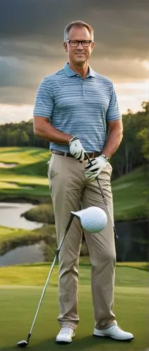 Golf course architect, mature man, (40yo), glasses, short hair, polo shirt, khaki pants, holding a golf club, standing on a lush green grass, designing a new golf course, near a lake, with rolling hil