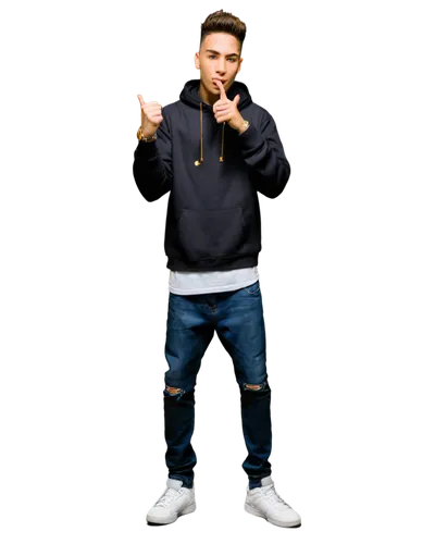 Young rapper, male, confident facial expression, gold chain, black hoodie, ripped jeans, white sneakers, microphone in hand, energetic pose, dynamic movement, urban background, warm lighting, close-up