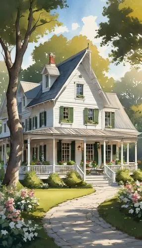 Classic farmhouse, angles architectural design, rustic exterior walls, wooden shutters, triangular roof, white columns, wraparound porch, vintage metal lanterns, lush greenery surroundings, overgrown 