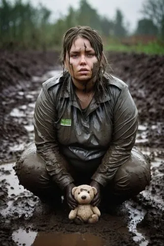 mit schlammbedeckten händen hält sie einen teddybär. teddybar ist durchnäßt und komplett mit schlamm bedeckt. arme und hände sind mit schlamm bedeckt,mud football,mudbath,mccurry,mud lark,muddied,mudl