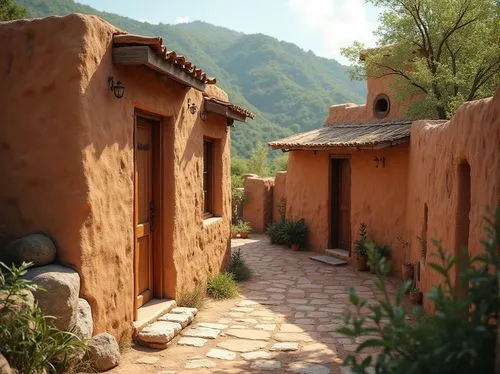 pueblos,korean folk village,bisbee,mud village,mountain settlement,taos,nativity village,marocco,boardinghouses,mimbres,clay house,abiquiu,rancheria,pueblo,mountain village,terracotta tiles,puebloans,kasbah,ecovillages,ancient house,Photography,General,Realistic