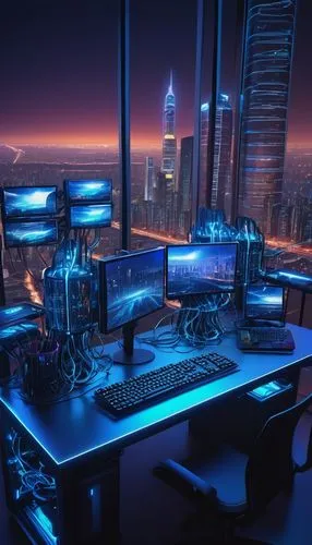 computer workstation,computer room,computer desk,cyberpunk,desktop computer,the server room,modern office,working space,pc tower,fractal design,desk,blur office background,workstation,workspace,offices,work space,consoles,cyberspace,futuristic landscape,monitors,Illustration,Realistic Fantasy,Realistic Fantasy 28