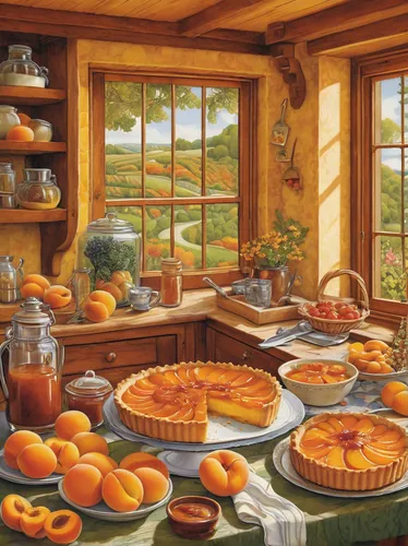 breakfast table,breakfast room,pastries,food table,breakfast buffet,tearoom,bakery,breadbasket,pantry,breakfast on board of the iron,sweet pastries,kitchen table,bakery products,cookware and bakeware,the kitchen,sweet table,china cabinet,buffet,still life with jam and pancakes,country cottage,Conceptual Art,Daily,Daily 33