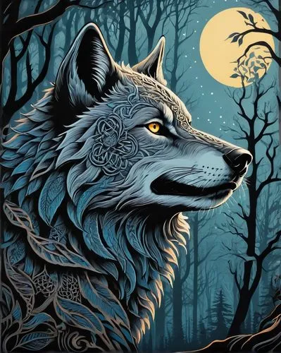 Linocut, fantasy creature, furry, wolf-like, sharp teeth, glowing eyes, long tail, fluffy ears, tribal tattoos, intricate patterns, Celtic knots, mythical, misty atmosphere, mystical forest, ancient t