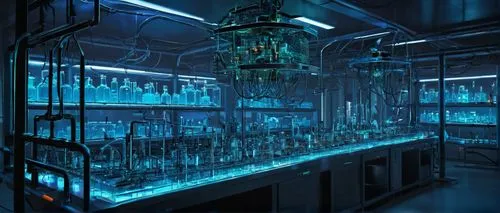 Phage virus, futuristic laboratory, sci-fi setting, 3D modeling, metallic structure, transparent glass container, glowing blue liquid, intricate machinery, robotic arms, microscopes, petri dishes, lab