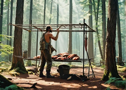 archery stand,forest workers,farmer in the woods,diorama,forest workplace,archer,woodsman,tarzan,nomad life,fishing tent,heavy crossbow,nomad,feeding place,forest man,the stake,katniss,idyllic,game illustration,butcher shop,compound bow,Conceptual Art,Sci-Fi,Sci-Fi 19
