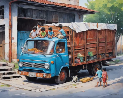 viet nam,ford cargo,nomadic children,oil painting on canvas,rust truck,delivery truck,delivery trucks,oil painting,blue pushcart,southeast asia,vietnam's,vietnam vnd,wooden wagon,long cargo truck,ha noi,kei truck,hoian,truck,vietnam,street scene,Conceptual Art,Graffiti Art,Graffiti Art 04