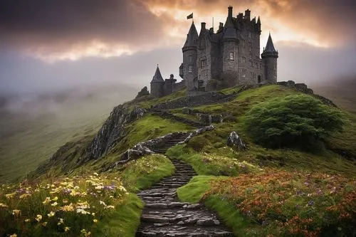 Highland, Scottish castle, ancient stone walls, towers, turrets, grand hall, wooden beams, rustic chandeliers, cozy fireplaces, intricate Celtic carvings, mysterious fog, misty mountains, rugged lands