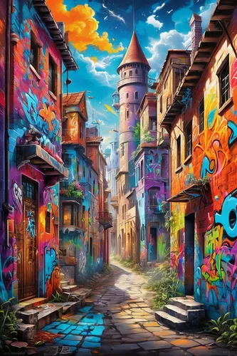 colorful city,graffiti art,graffiti,colorful background,background colorful,world digital painting,colorful life,urban art,fantasy city,grafitti,creative background,urban street art,vibrant color,art painting,italian painter,alley,grafitty,colorfull,fantasy art,color wall,Conceptual Art,Graffiti Art,Graffiti Art 09