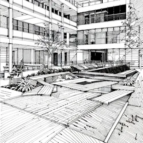 japanese zen garden,office line art,zen garden,office buildings,courtyard,roof garden,office building,kirrarchitecture,inside courtyard,terrace,offices,school of medicine,gray-scale,mono-line line art,patio,wood deck,shenzhen vocational college,office block,company building,paving slabs,Design Sketch,Design Sketch,None