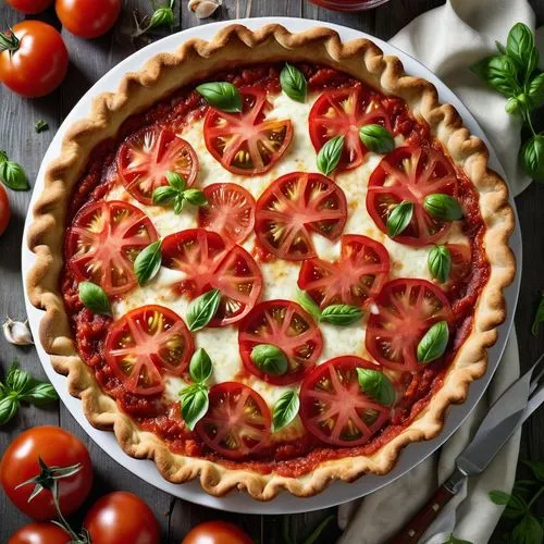 tomato pie,tomato mozzarella,torta caprese,pizza topping raw,california-style pizza,parmigiana,roma tomatoes,sicilian cuisine,grape tomatoes,strawberry pie,fruit pie,strawberry tart,pizza topping,pepperoni pizza,pappa al pomodoro,caprese,insalata caprese,cocktail tomatoes,tomatos,pastiera,Photography,General,Realistic