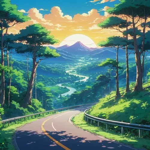 mountain road,forest road,open road,road,mountain highway,roads,country road,the road,landscape background,scenery,studio ghibli,alpine drive,long road,would a background,tsumugi kotobuki k-on,japan landscape,wallpaper roll,hokkaido,4k wallpaper,the road to the sea,Illustration,Japanese style,Japanese Style 03