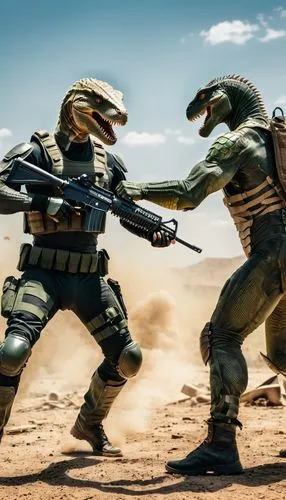 modern military soldiers fighting with machetee against a reptilian humanoid,two action figures in dinosaur costumes one man is holding a gun,warfighters,warfighter,mgo,firefight,counterinsurgents,mer