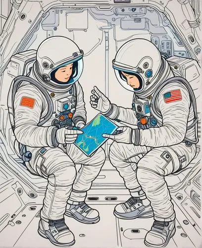 宇宙飞船，太空人，电子地图，宇航服，电线，机械按钮，卡通，日式漫画，动漫，插画，扁平插画，矢量插画，简洁的线条，细腻的笔触,two astronauts reading map together in the space,cosmonauts,astronauts,taikonauts,spacewalkers,astronautical,geospace,Illustration,Japanes